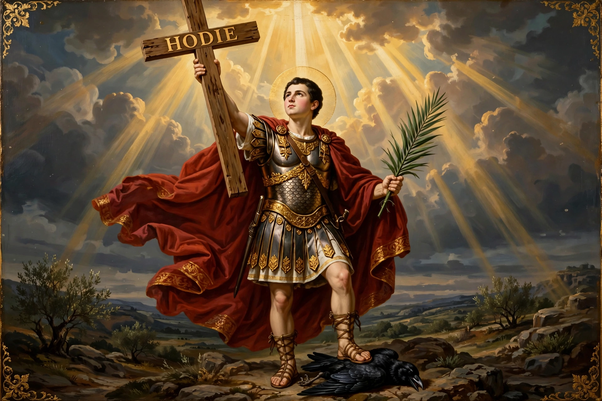 San Expedito como centurión romano con manto rojo, levantando una cruz marcada HODIE, pisando al cuervo que graznaba «mañana», sosteniendo la palma del martirio