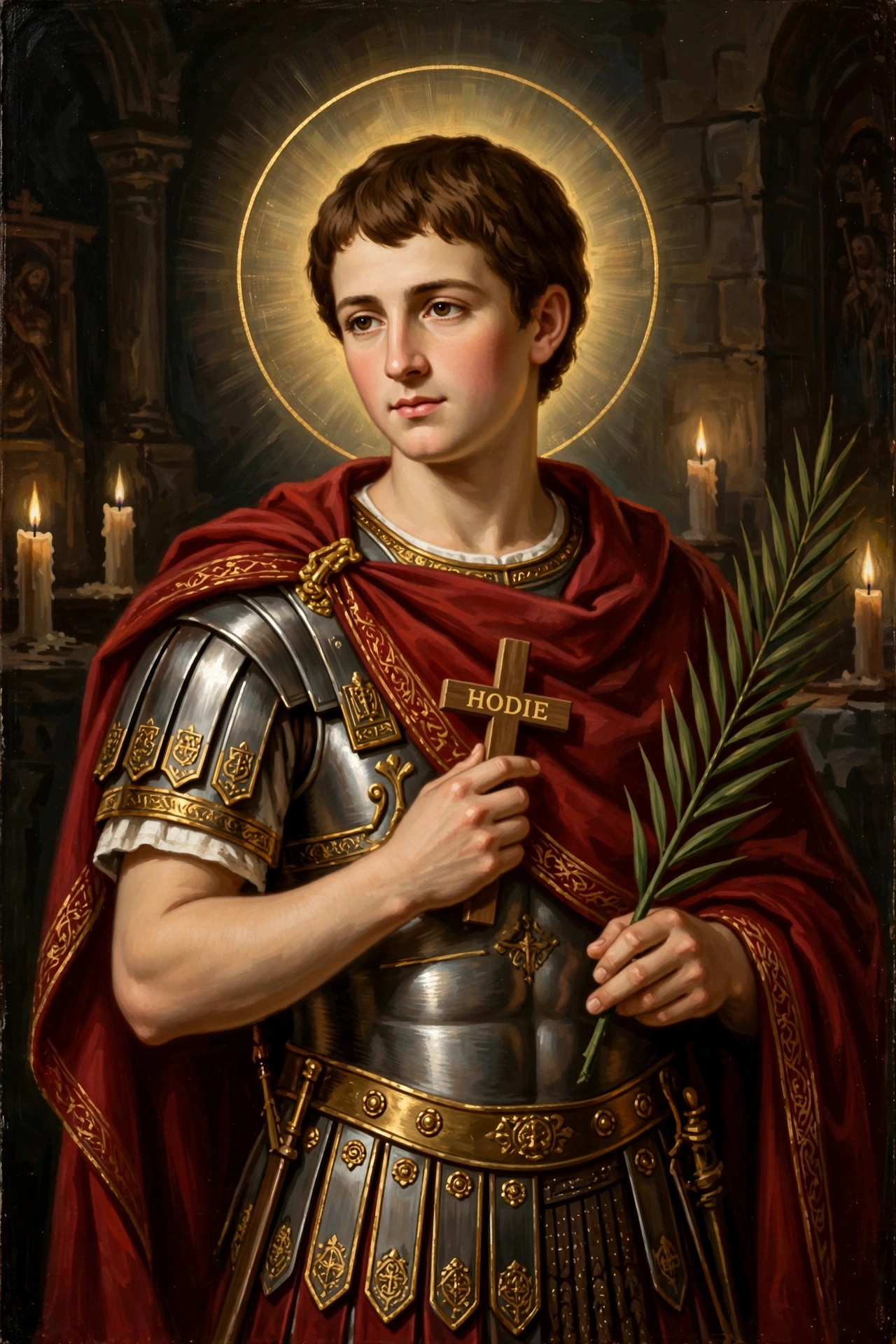 Saint Expedite in his red cloak, holding the cross of Hodie